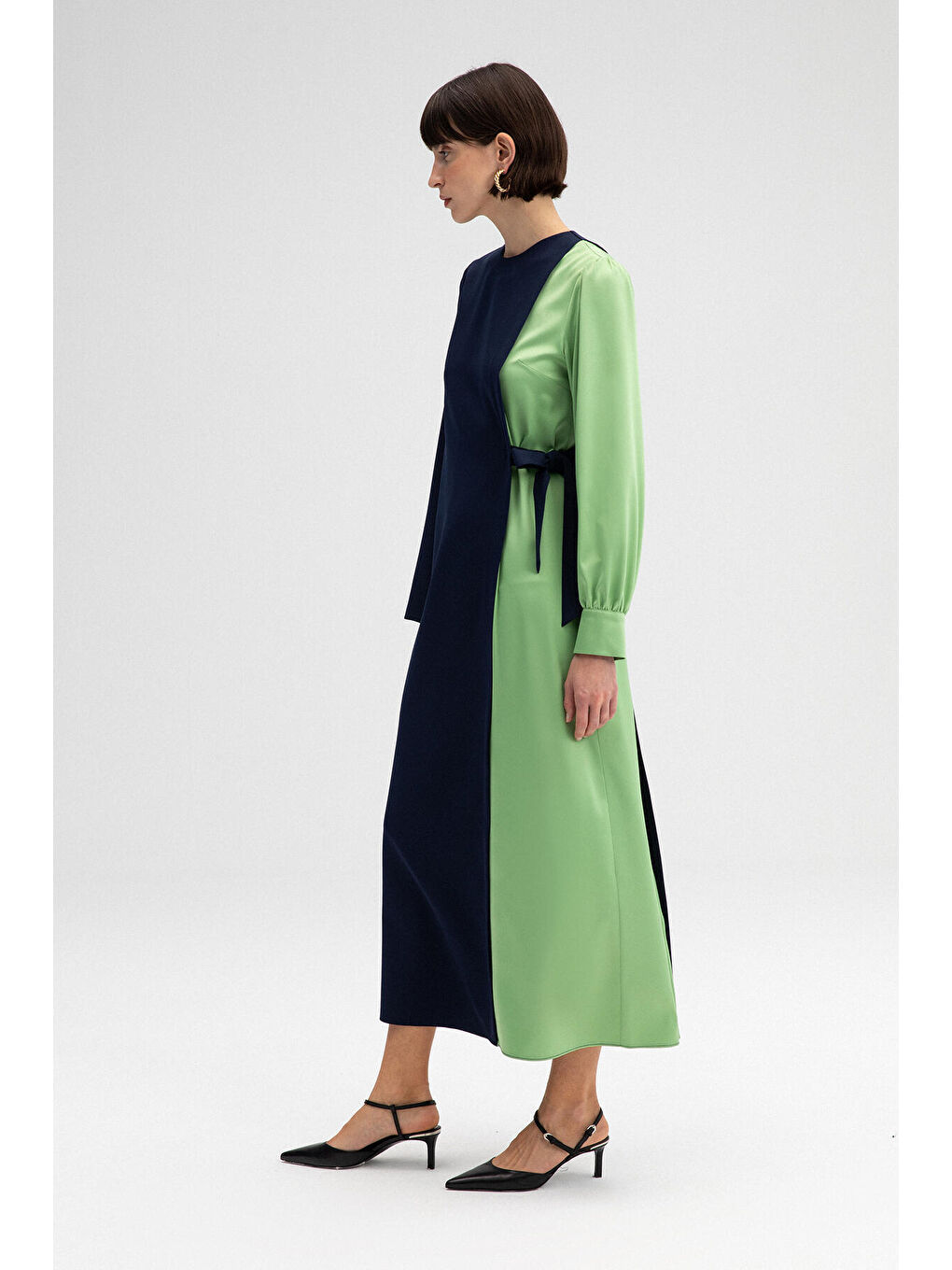 Lacivert Kontrast Renkli Elbise-3