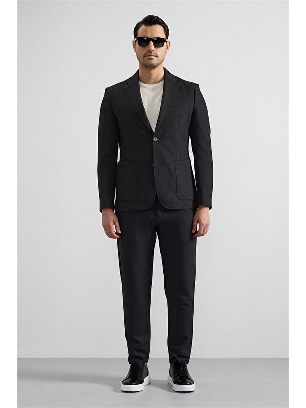 Siyah Slim Mono Yaka Düz Torba Cep 6 Drop Takım Elbise-6