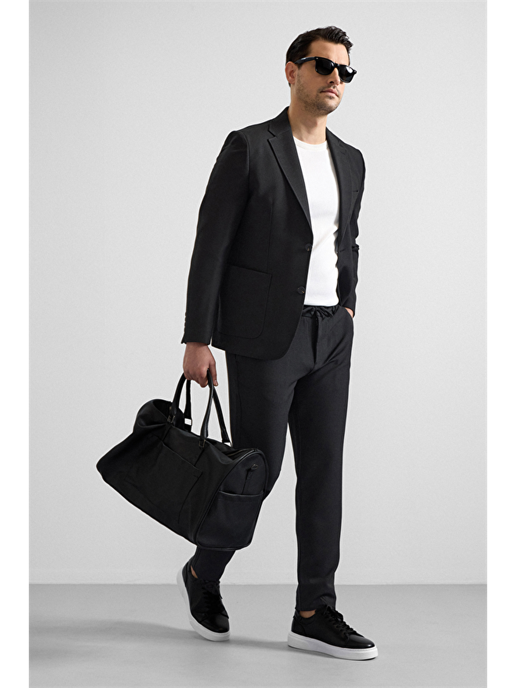 Siyah Slim Mono Yaka Düz Torba Cep 6 Drop Takım Elbise-7