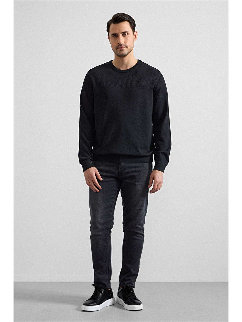 Siyah Regular Bisiklet Yaka Kazak-3