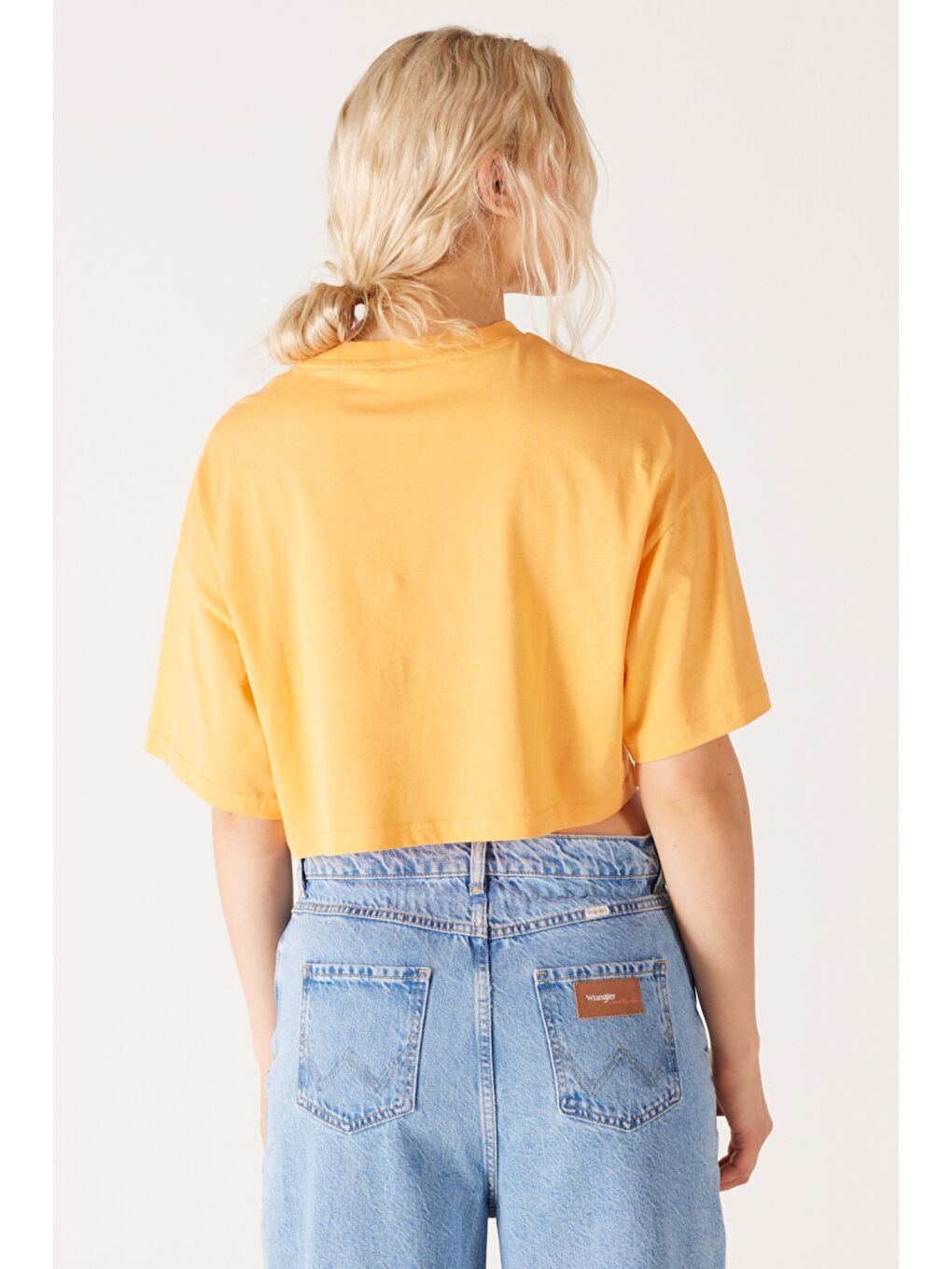 Turuncu Loose Fit Rahat Kesim %100 Pamuk Bisiklet Yaka Hardal Crop Tişört-4