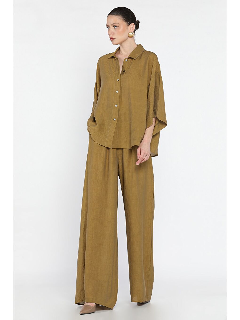 Haki Kadın Kısa Kol Gömlek Pantolon İkili Takım-1