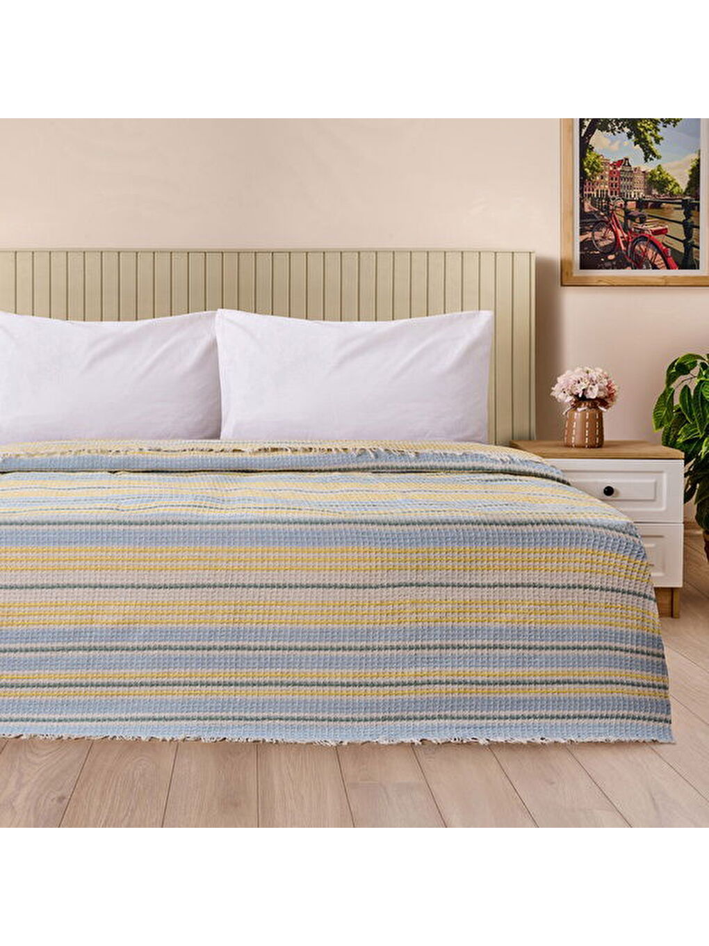 Soft Radiant Çift Kişilik Pike - Ekru / Mavi - 200x230 cm