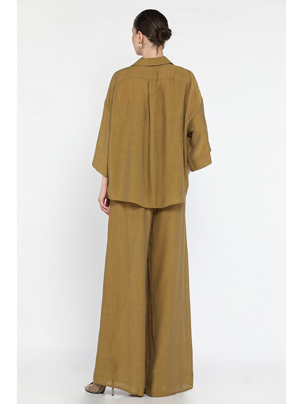 Haki Kadın Kısa Kol Gömlek Pantolon İkili Takım-2