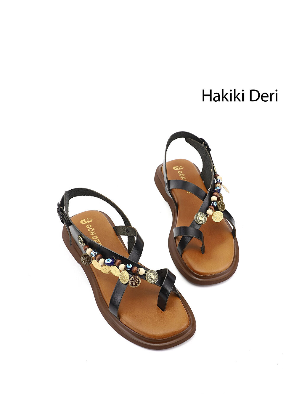 Siyah Kadın SİYAH Boncuklu Parmak Arası Hakiki Deri Sandalet