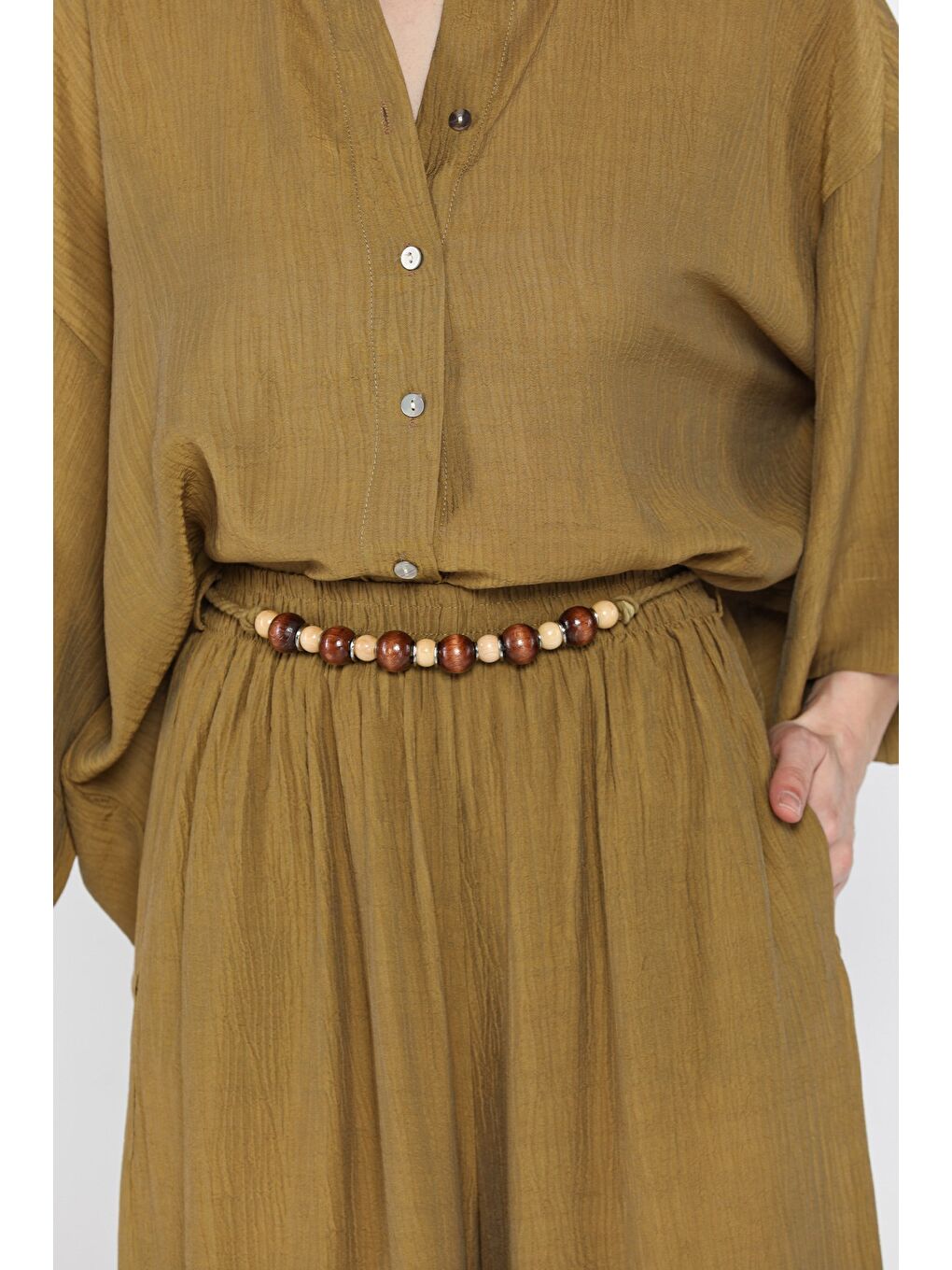 Haki Kadın Kısa Kol Gömlek Pantolon İkili Takım-3