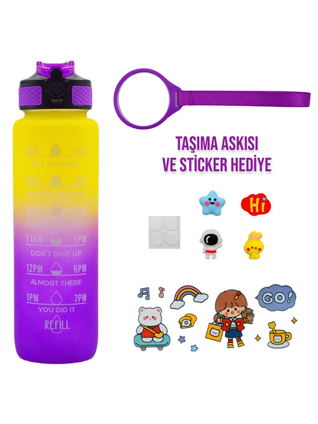 BottleBoss Renk Geçişli Sızdırmaz Kapak Motivasyon Matarası 1 Litre Sticker HEDİYELİ Mor (BB-89959) - 1