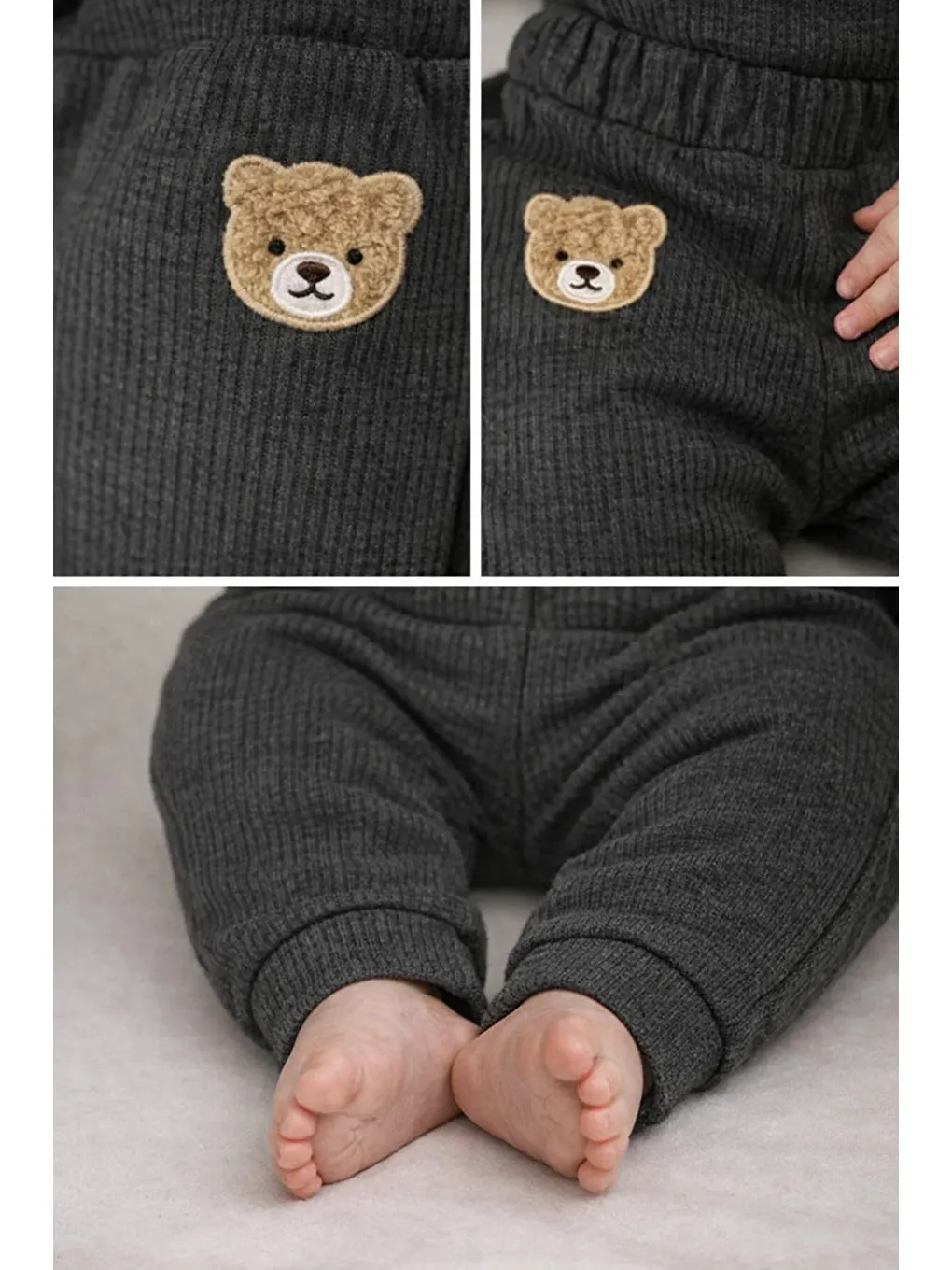 Haki Ayıcık Kulaklı Waffle Kumaş Hırkalı 3’lü Bebek Takımı (6-24 Ay)-3