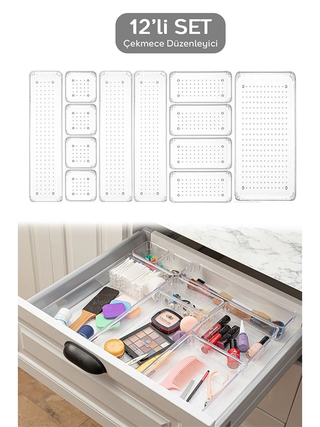 12 Parça Şeffaf Tasarım Modüler Saklama Kabı Çekmece İçi Düzenleyici Banyo Makyaj Takı Organizeri