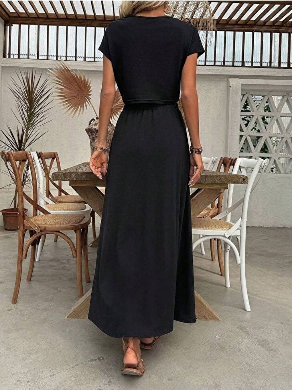 Siyah Kadın Kısa Kollu Bisiklet Yaka Viskon Krop Bluz Ve Uzun Etek Ikili Takım-3