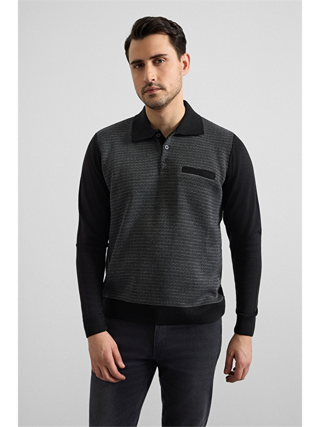 Siyah Regular Düz Fermuarlı Polo Yaka Sweatshirt