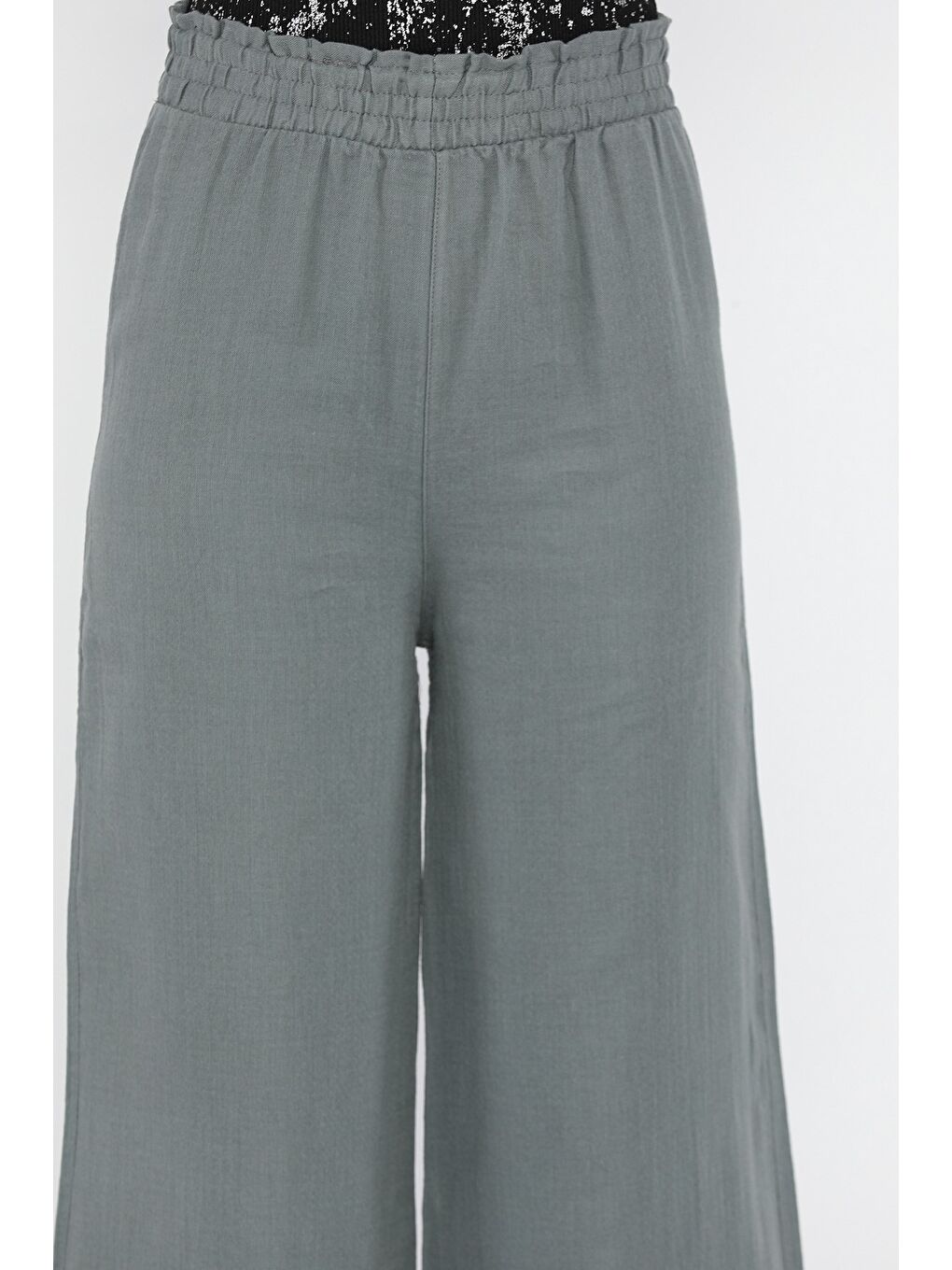 Gri Kadın Bel Lastikli Yüksek Bel Bol Paça Palazzo Pantolon-3
