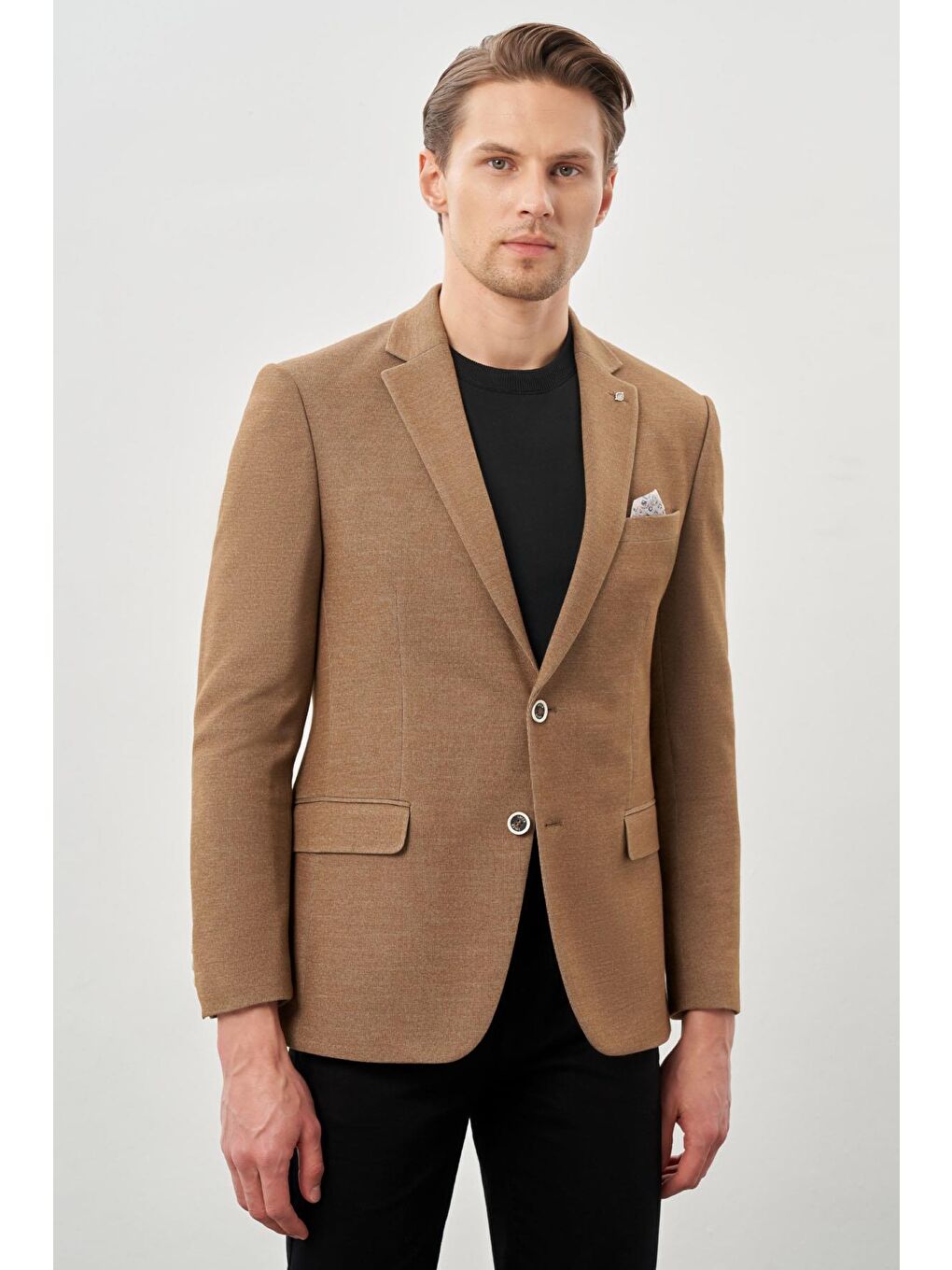 Kahverengi Taba Düz Örme Mono Yaka Kelebek Astar Çift Yırtmaç 2 Düğme 6 Drop Slim Fit Classic Ceket 1002245133
