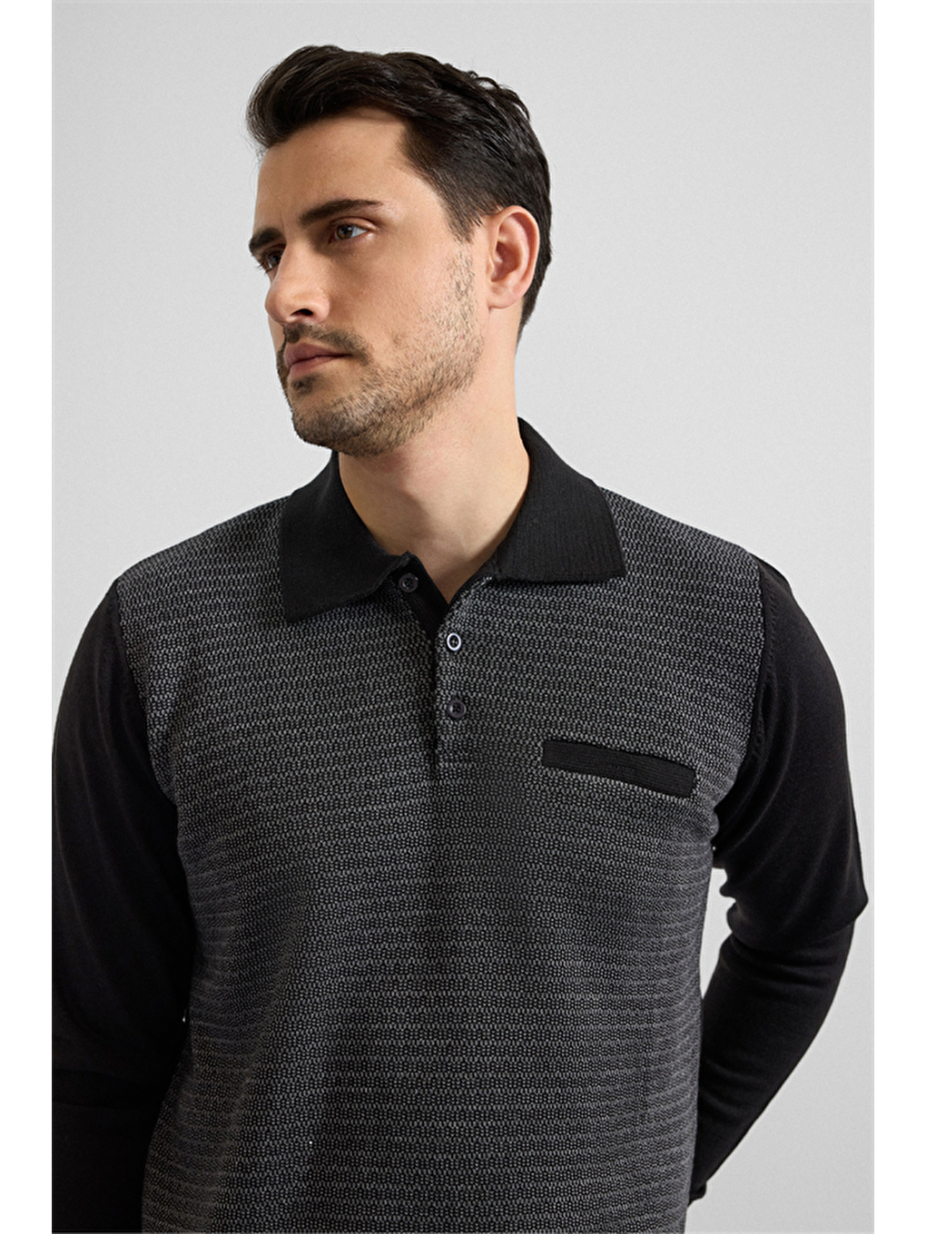 Siyah Regular Düz Fermuarlı Polo Yaka Sweatshirt-1