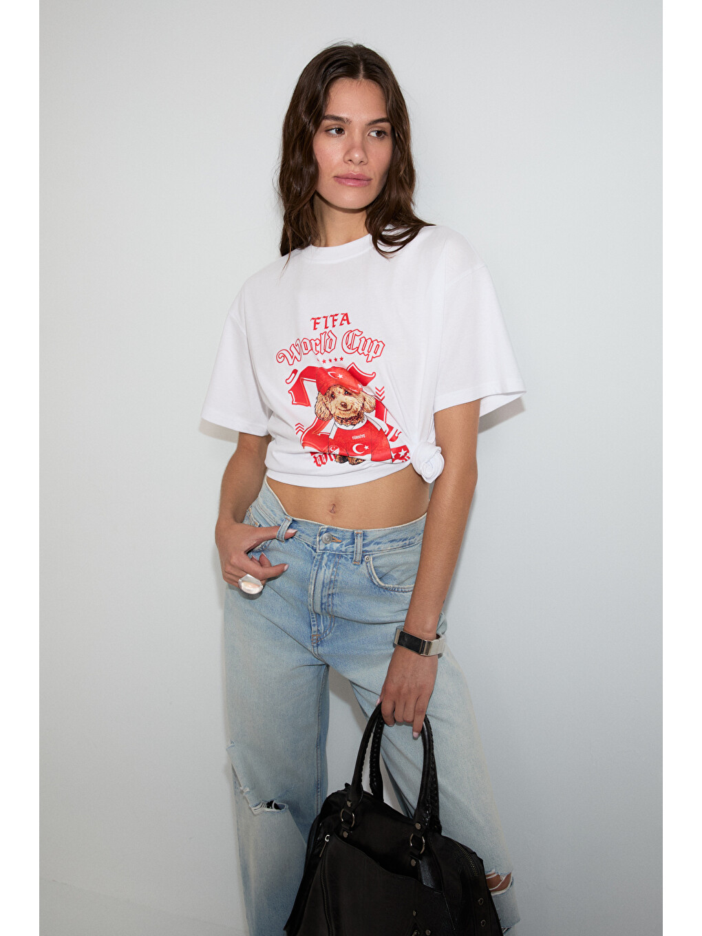 Plene Kadın Yumuşak Ve Esnek Kumaşlı Organik Pamuklu Dünya Kupasına Özel Baskılı Beyaz T-shirt-1