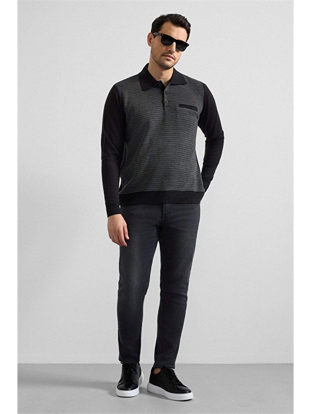 Siyah Regular Düz Fermuarlı Polo Yaka Sweatshirt-2