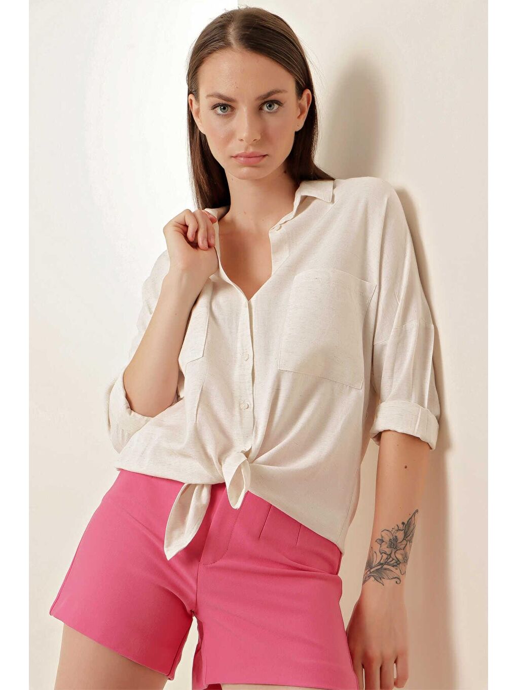 Bej Oversize Keten Gömlek kadın