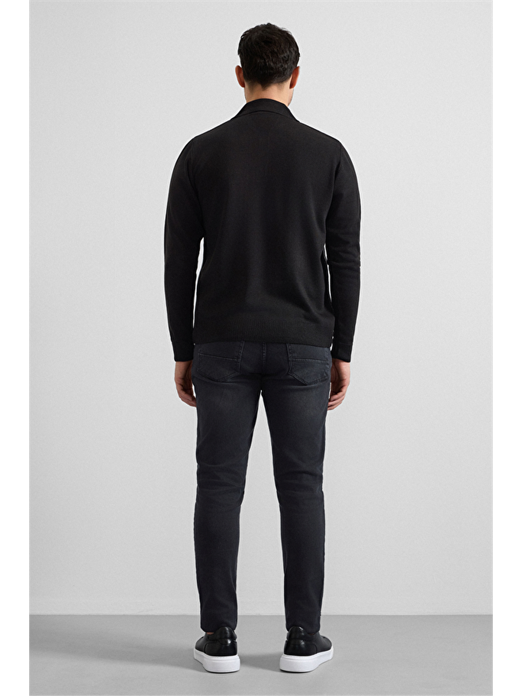 Siyah Regular Düz Fermuarlı Polo Yaka Sweatshirt-3