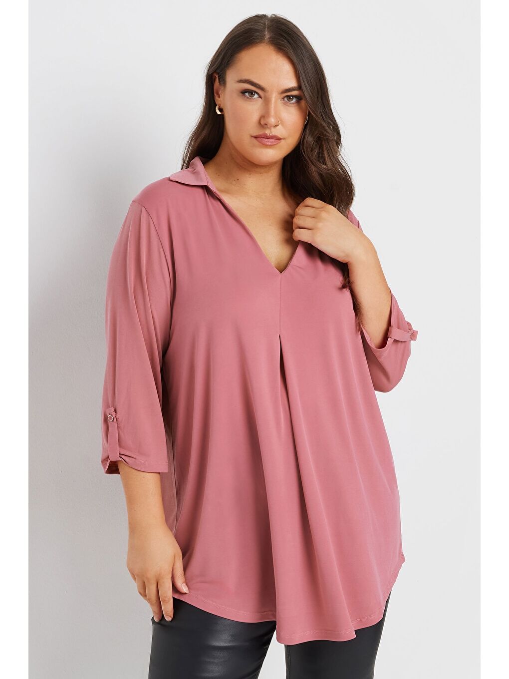 Pembe Büyük Beden V Yaka Uzun Kollu Bluz 303627-1