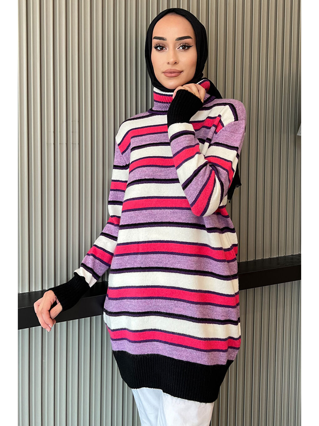 Mor Çizgi Desenli Tam Balıkçı Yaka Kışlık Triko Tunik-1