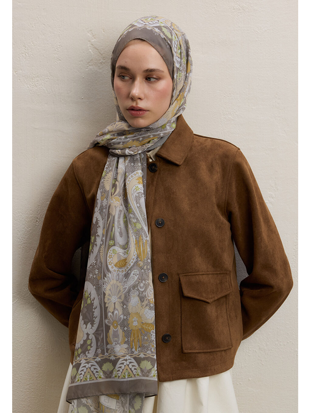 Yeşil Verona Desen İpek Krep Şal Adaçayı-1