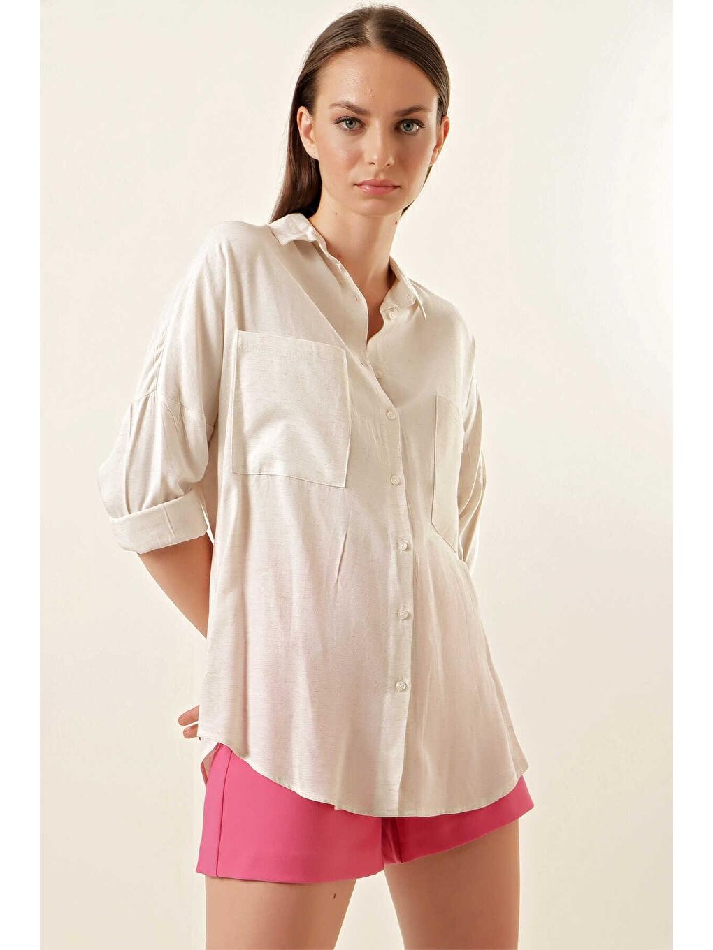 Bej Oversize Keten Gömlek kadın-1