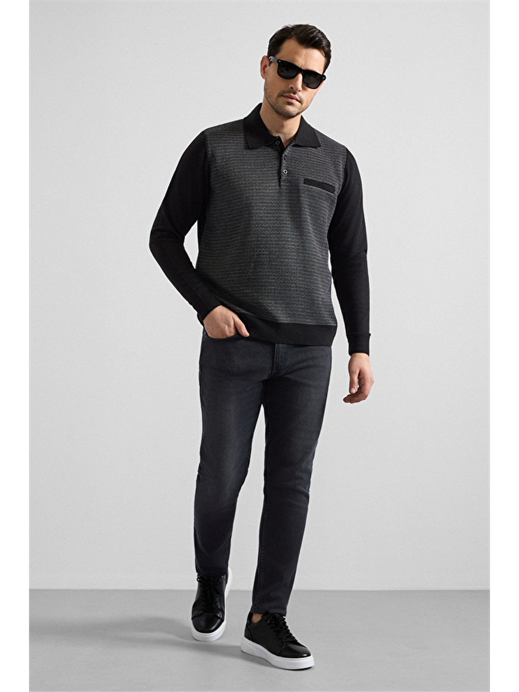 Siyah Regular Düz Fermuarlı Polo Yaka Sweatshirt-5