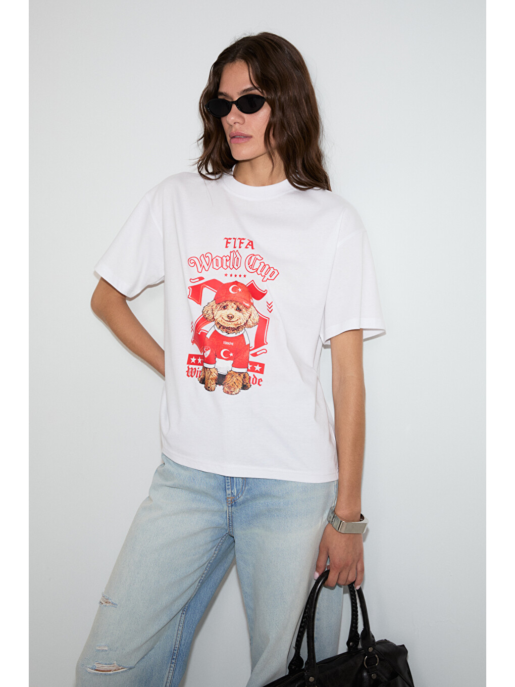 Plene Kadın Yumuşak Ve Esnek Kumaşlı Organik Pamuklu Dünya Kupasına Özel Baskılı Beyaz T-shirt-2