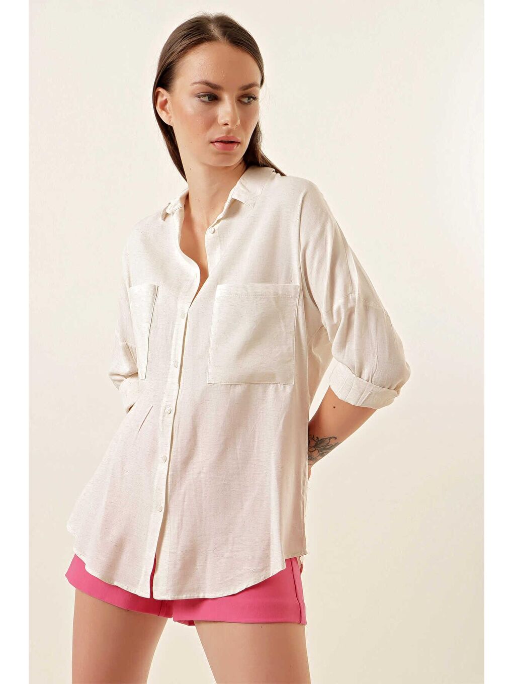 Bej Oversize Keten Gömlek kadın-2