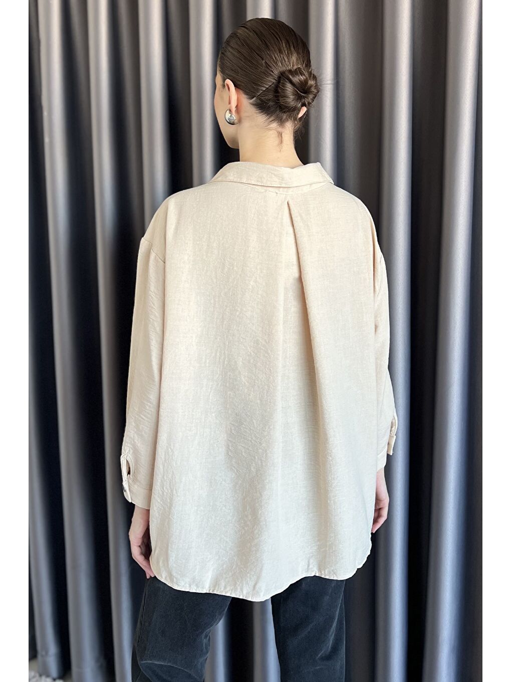 Bej Kadın Nakışlı Oversize Gömlek-2