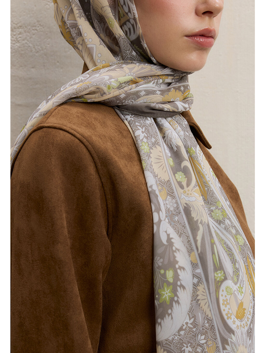 Yeşil Verona Desen İpek Krep Şal Adaçayı-3