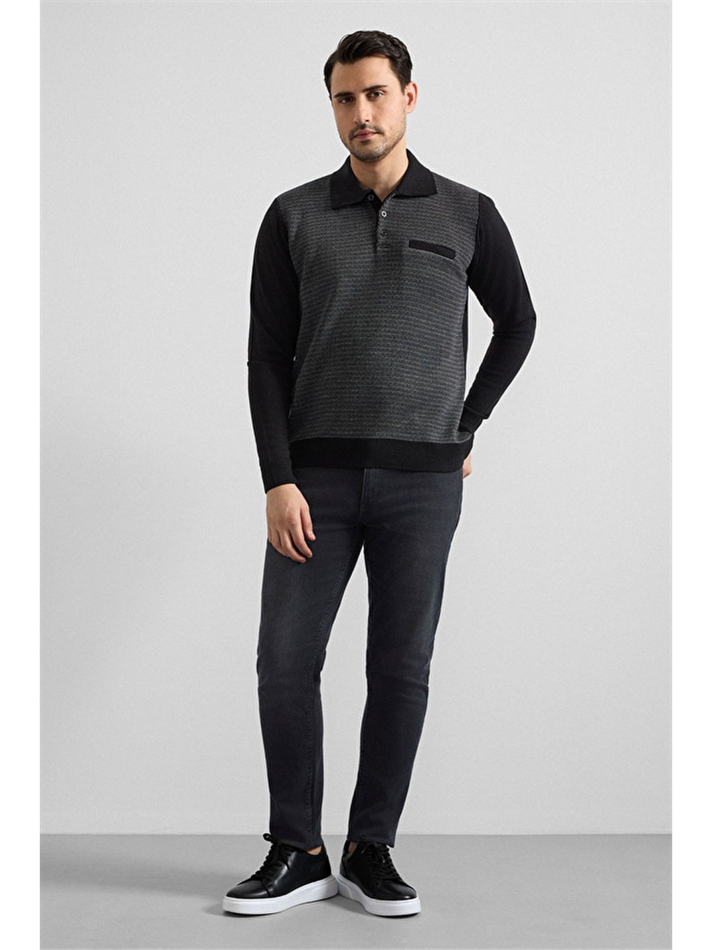 Siyah Regular Düz Fermuarlı Polo Yaka Sweatshirt-6