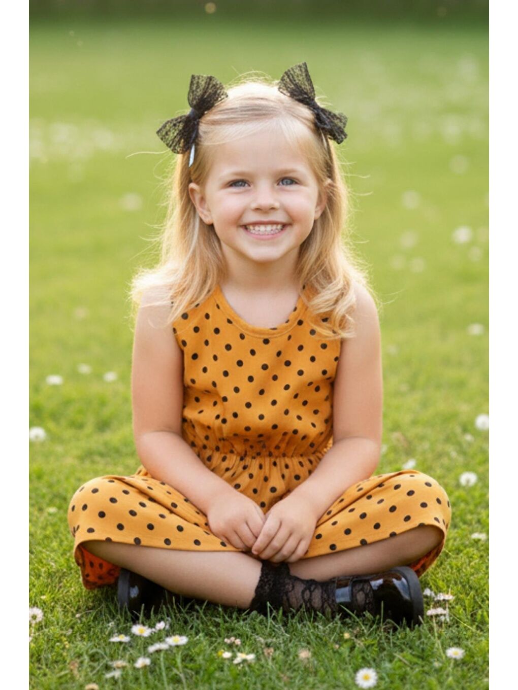 Sarı Kız Çocuk Puanlı Hardal Elbise Siyah Dantel Toka Takım-1