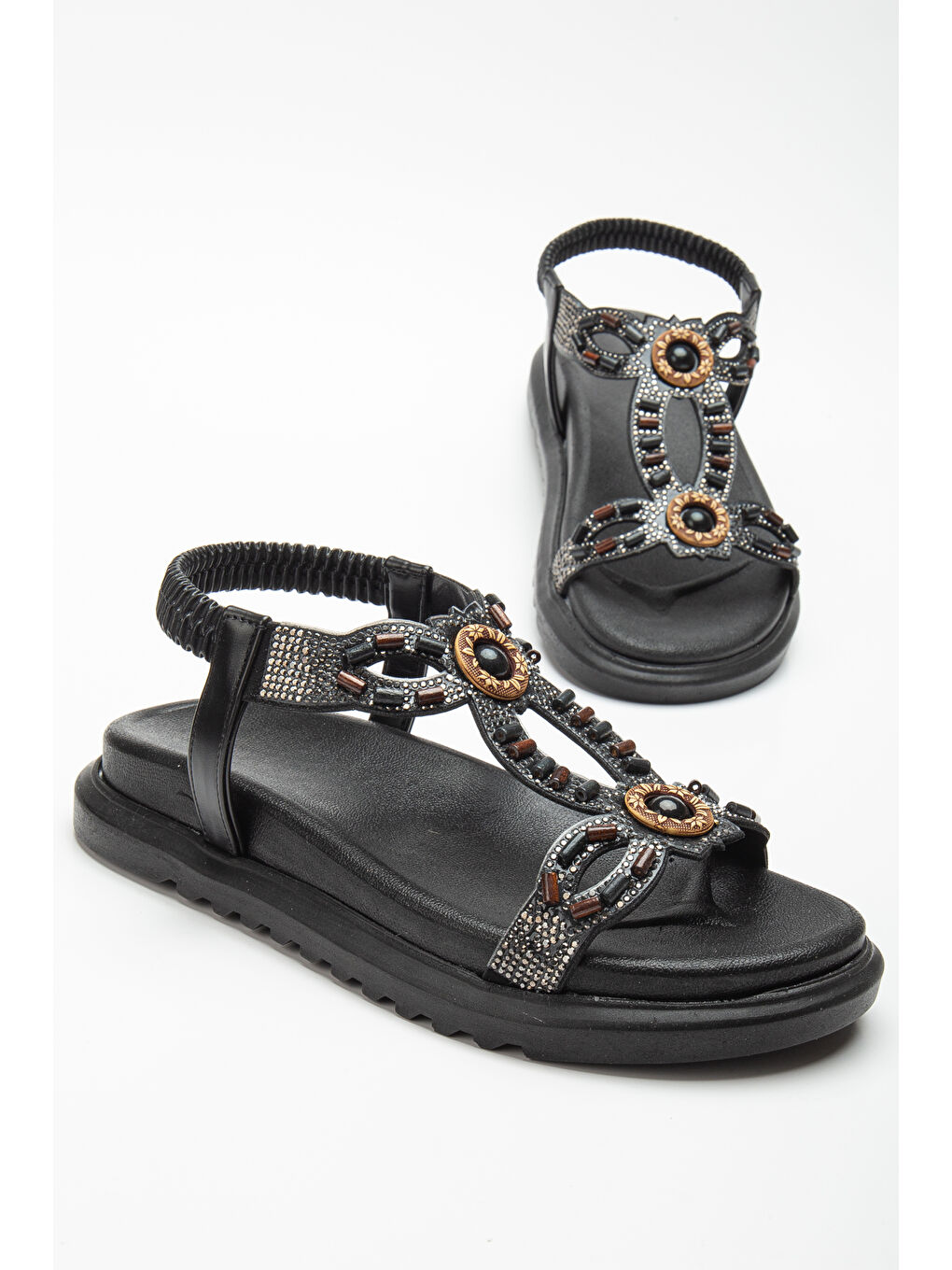 Kadın Siyah Arkası Lastikli Taş İşlemeli Sandalet-2