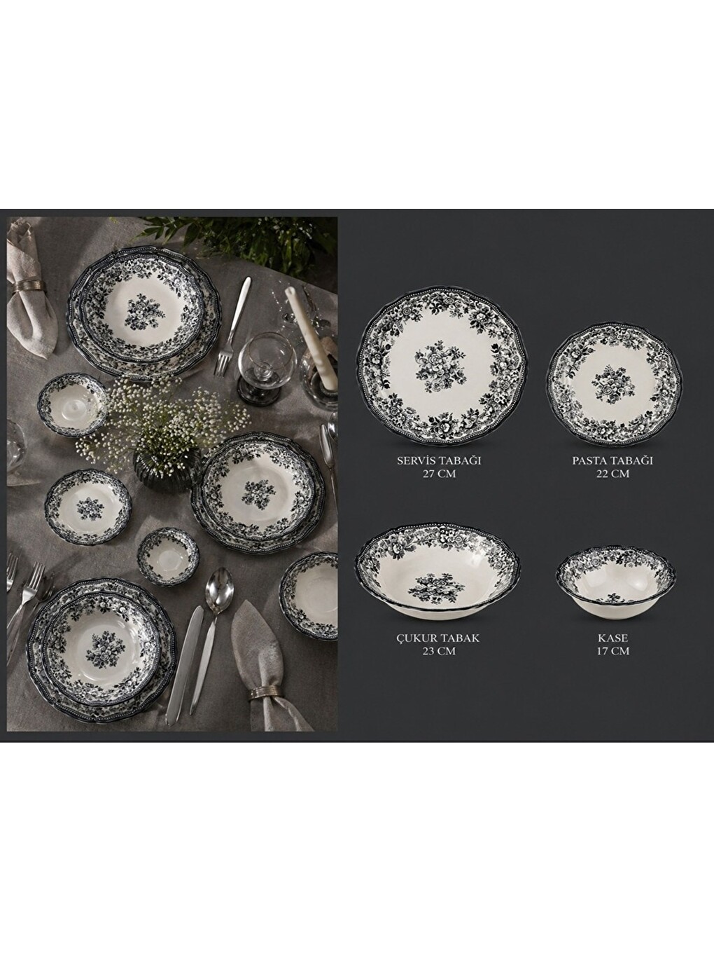 Gri Porselen Velour Antrasit Fulya Yemek Seti 6 Kişilik 24 Parça-1