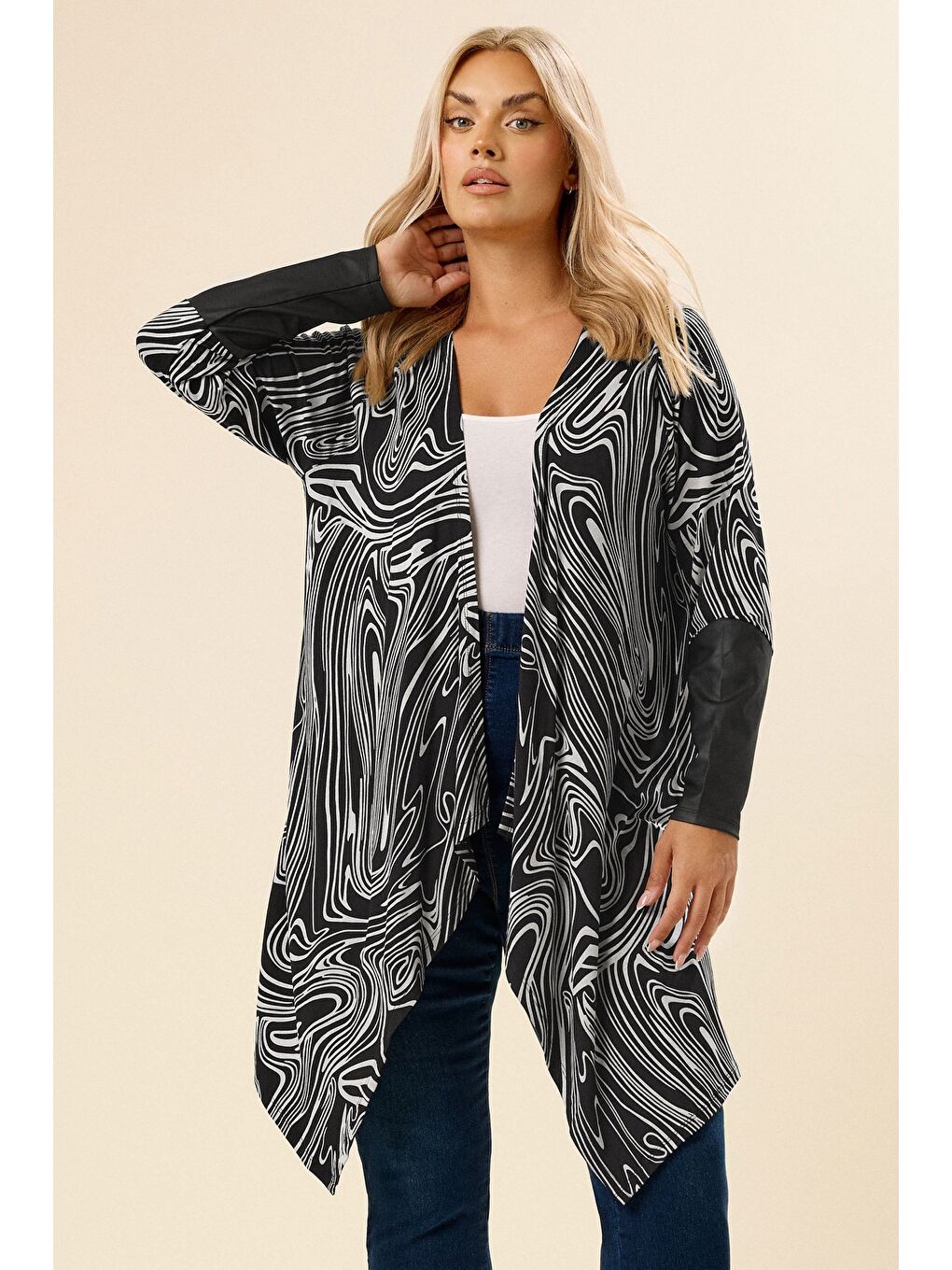 Siyah Büyük Beden Uzun Kollu Deri Detaylı Önü Kapamasız Hırka 304276-1