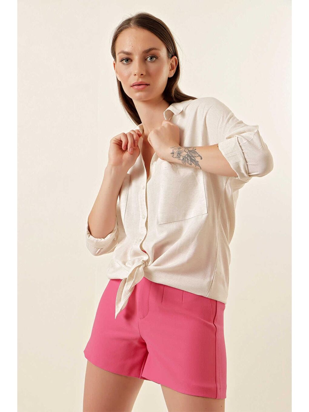 Bej Oversize Keten Gömlek kadın-3