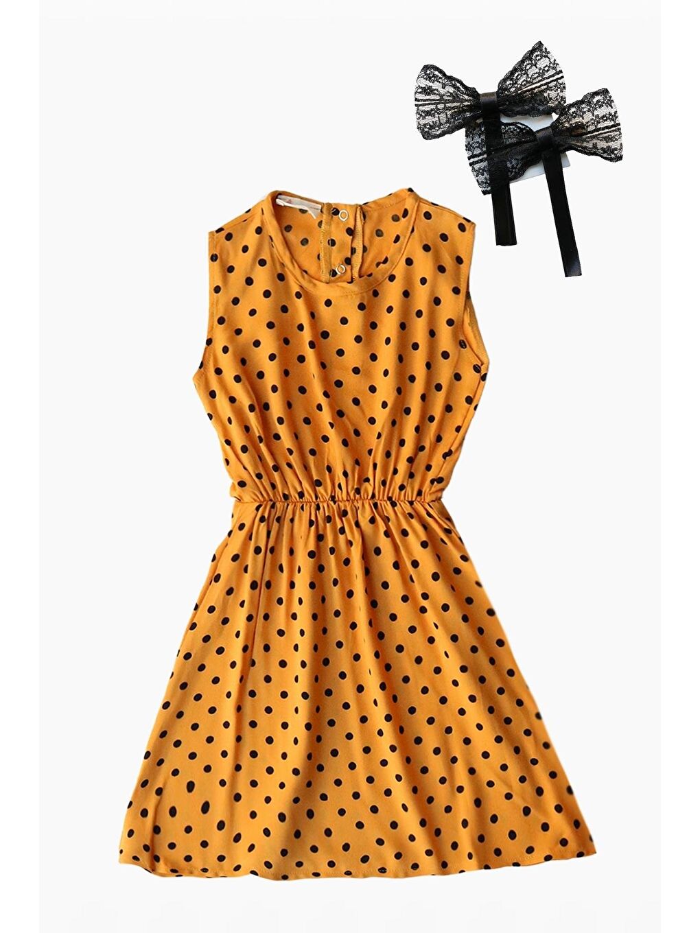 Sarı Kız Çocuk Puanlı Hardal Elbise Siyah Dantel Toka Takım-3