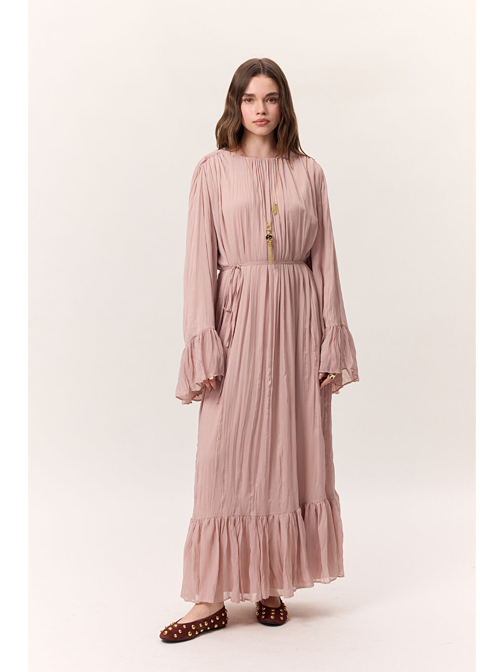 Pembe Crush Piliseli Katlı Uzun Elbise Pudra-5