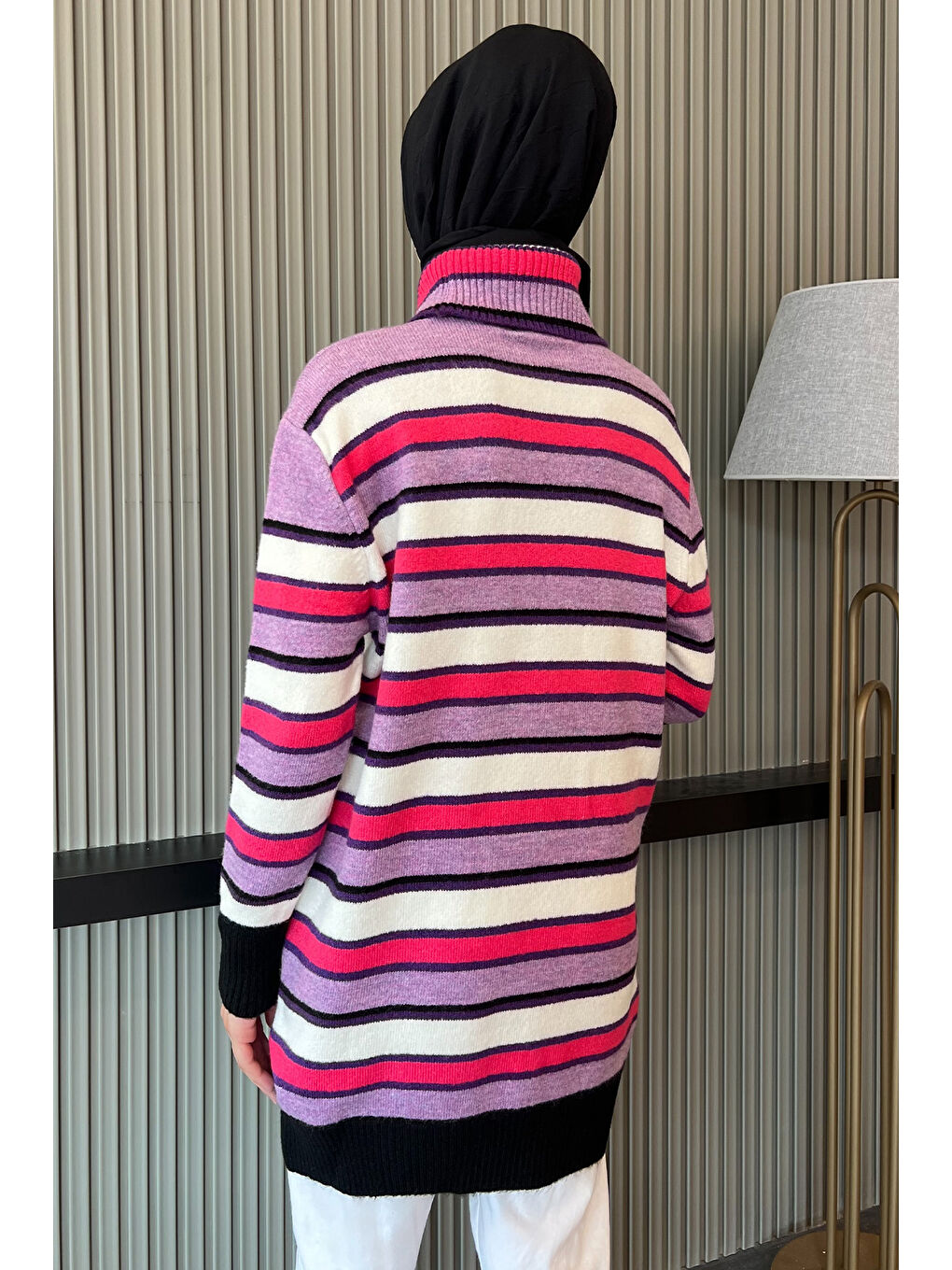 Mor Çizgi Desenli Tam Balıkçı Yaka Kışlık Triko Tunik-3