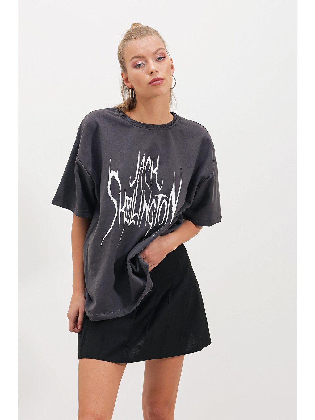 Antrasit İki İplik Jack Skellıngton Baskı T-SHİRT