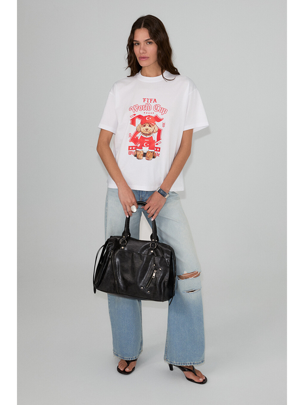 Plene Kadın Yumuşak Ve Esnek Kumaşlı Organik Pamuklu Dünya Kupasına Özel Baskılı Beyaz T-shirt-3