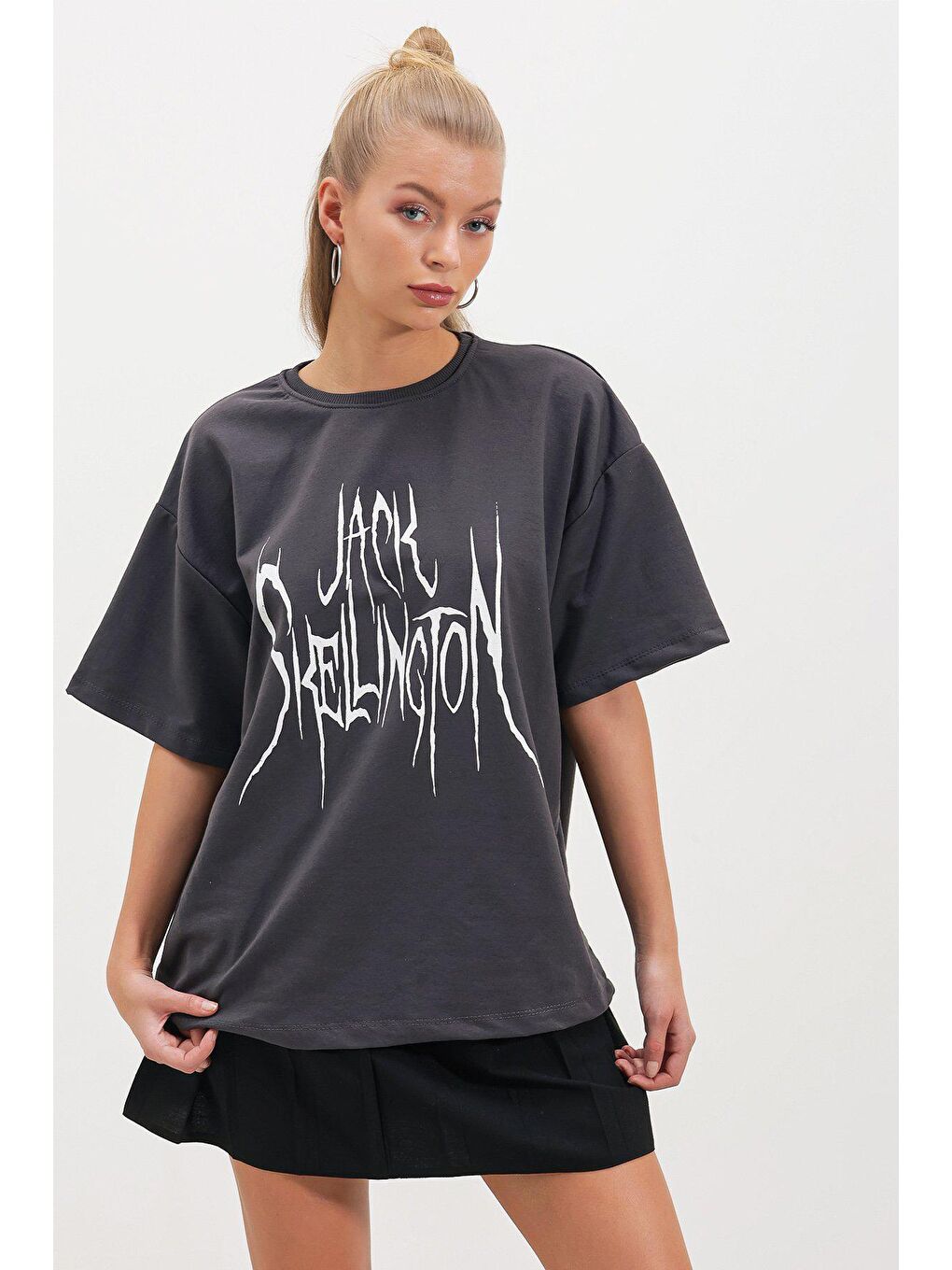 Antrasit İki İplik Jack Skellıngton Baskı T-SHİRT-1