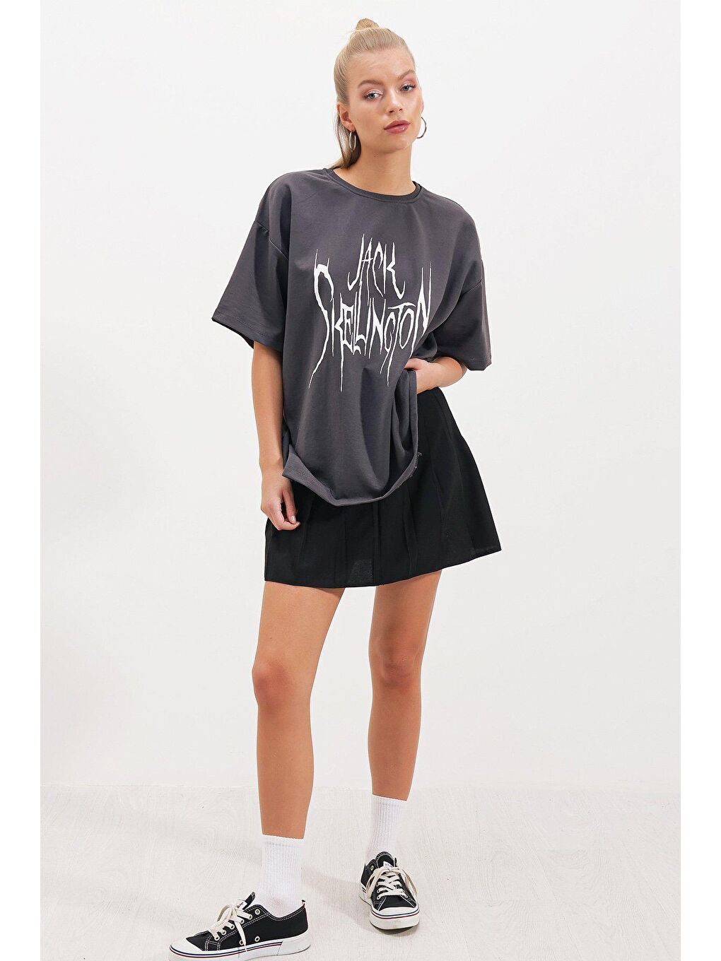 Antrasit İki İplik Jack Skellıngton Baskı T-SHİRT-2