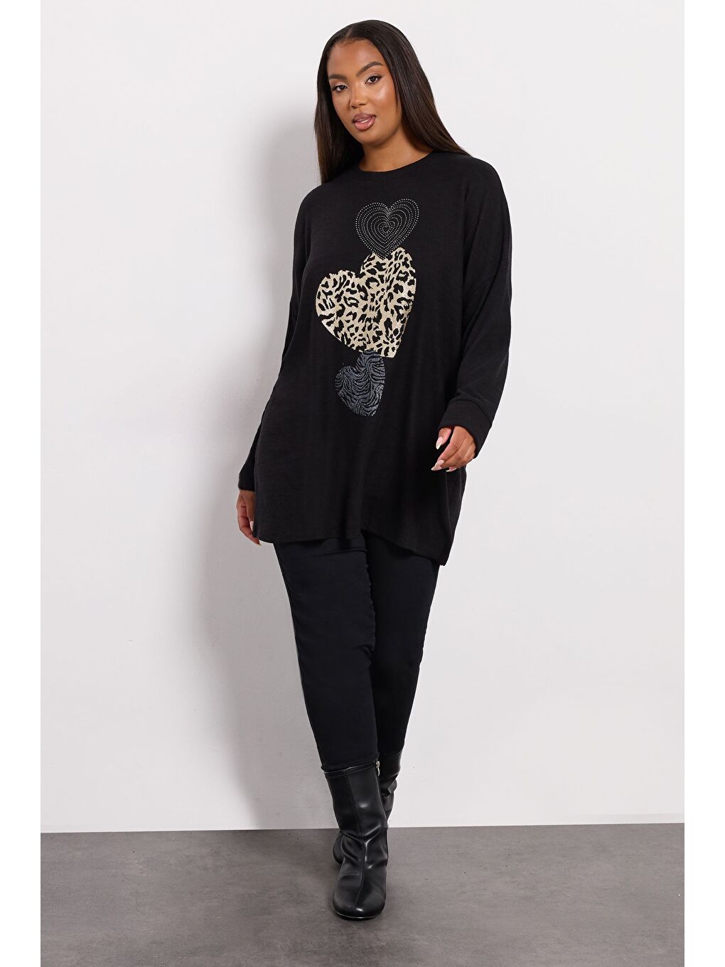 Siyah Büyük Beden Bisiklet Yaka Uzun Kollu Pelüş Kazak 285050