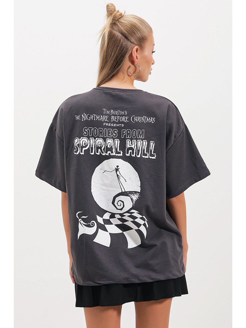 Antrasit İki İplik Jack Skellıngton Baskı T-SHİRT-3