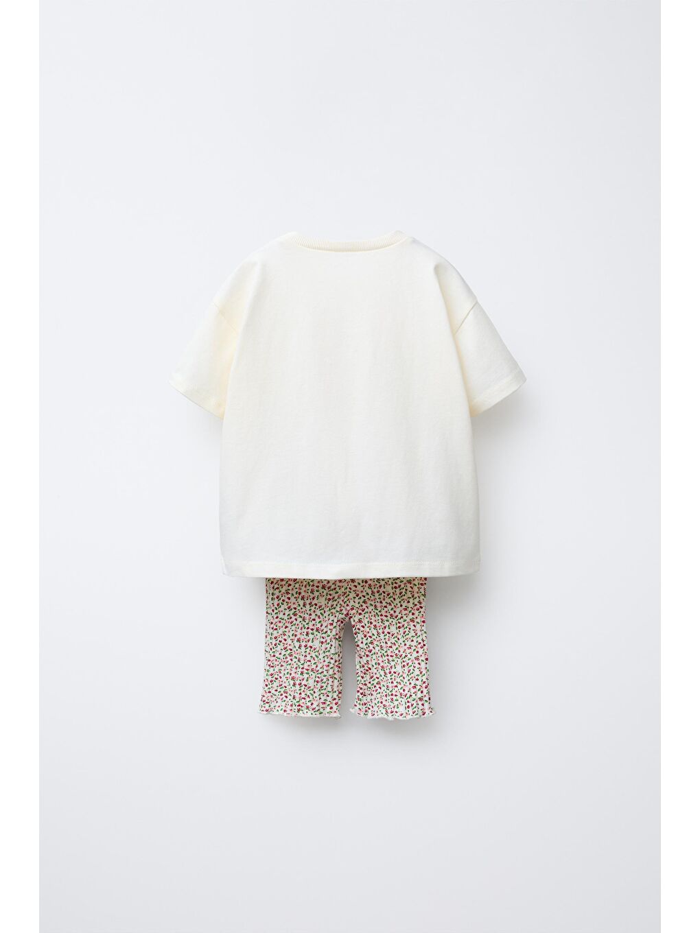 Beyaz Kız Çocuk Pamuklu Ekru Desenli T-Shirt Ve Ribana Tayt Takım - Yazlık Iki Parça-1