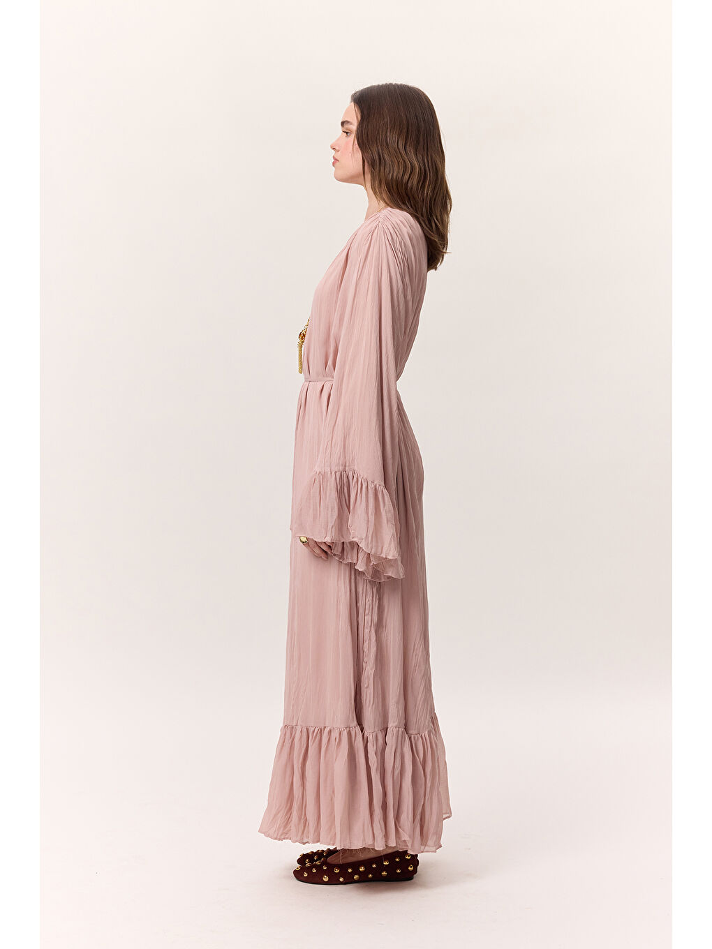 Pembe Crush Piliseli Katlı Uzun Elbise Pudra-6