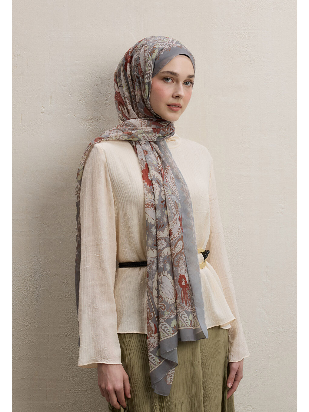 Bej Verona Desen İpek Krep Şal Vizon-1