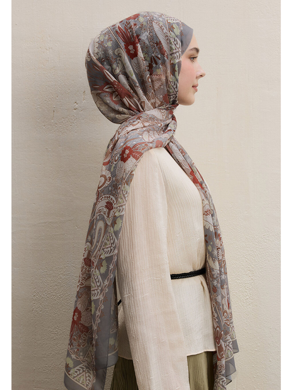 Bej Verona Desen İpek Krep Şal Vizon-3